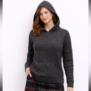 Aran Mor Merino Wool Fisherman Sweater Hooded Cable Knit Pocket Small Grey